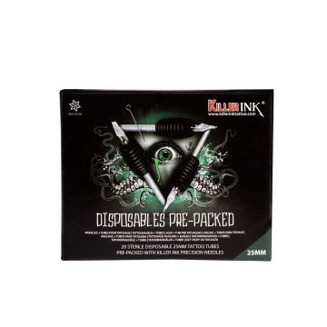 Komplet: jednorazowa rura/dziób Killer Ink, fi 25mm z igłami Killer Ink Precision 0,35MM - 20 szt., mix rozmiarów/rodzajów