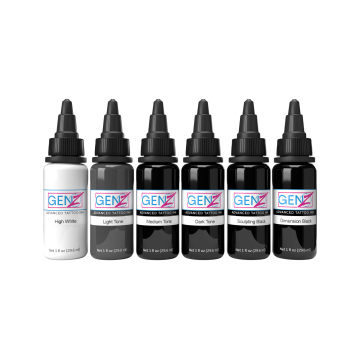 Intenze Ink Gen-Z Bob Tyrrell Advanced Black & Grey - Zestaw tuszu, 6 x 30 ml