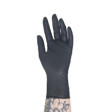 Hand wearing a black nitrile glove from Killer Beauty showing fit and texture.