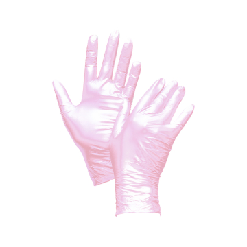 Pair of pink Unigloves Fancy Rose nitrile gloves isolated on white background