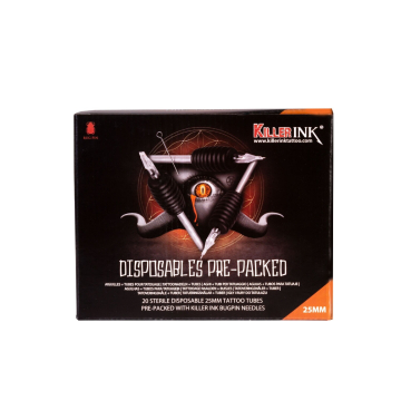 Komplet: jednorazowa rura/dziób Killer Ink, fi 25mm z igłami Bug Pin 0,25MM - 20 szt., mix rozmiarów/rodzajów