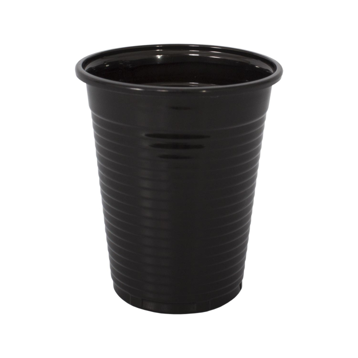 Black plastic rinse cup with ribbed sides and flared rim