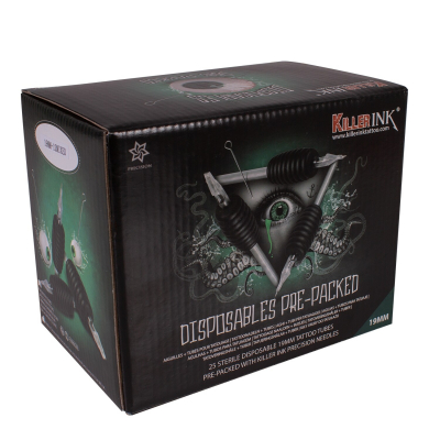 Komplet: jednorazowa rura/dziób Killer Ink, fi 19mm z igłami Precision 0,35MM - 25 szt., mix rozmiarów/rodzajów