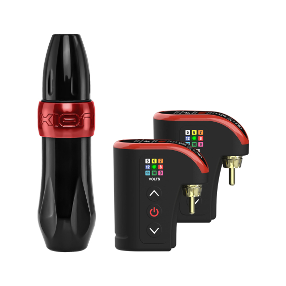 Maszynka rotacyjna FK Irons Spektra Xion - Czarno/rubinowa & DarkLab Lightning Bolt - Bezprzewodowy akumulator RCA - Podwójny