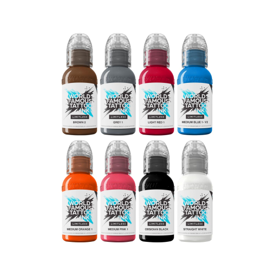 World Famous Limitless Tattoo Ink - Primary Colours Set 2 - Zestaw tuszu do tatuażu, 8 x 30 ml