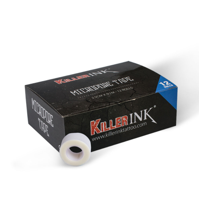 Killer Ink Microporous Tape box with one white tape roll, 2.5cm by 9.1m, 12 rolls.