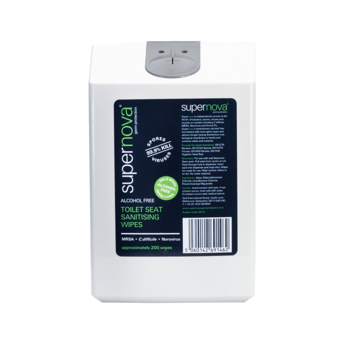 Le Distributeur de lingette de Sige de toilette Supernova est une boîte blanche contenant des lingettes sans alcool, efficaces contre les bactéries et les virus, contenant environ 200 lingettes désinfectantes pour sièges de toilettes.